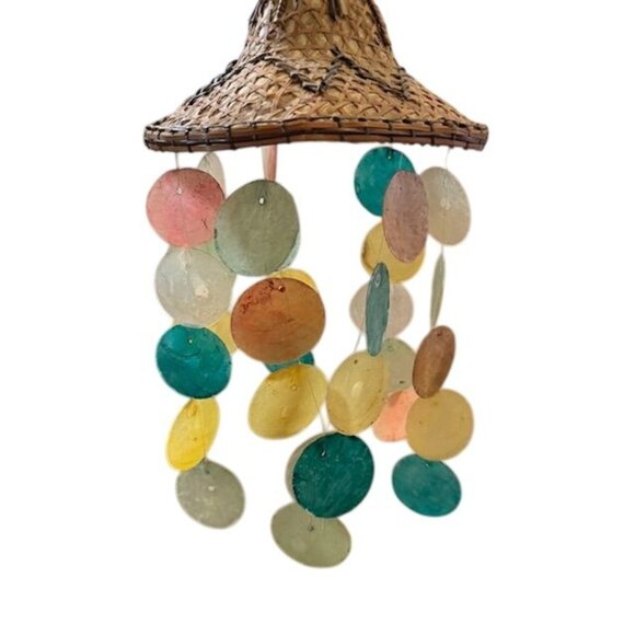 Vintage Capiz Shell Chandelier With Woven Bamboo Hat Design  Windchime - Picture 1 of 7